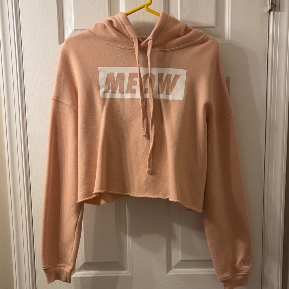 Peach Cropped Hoodie with 'Meow' Print